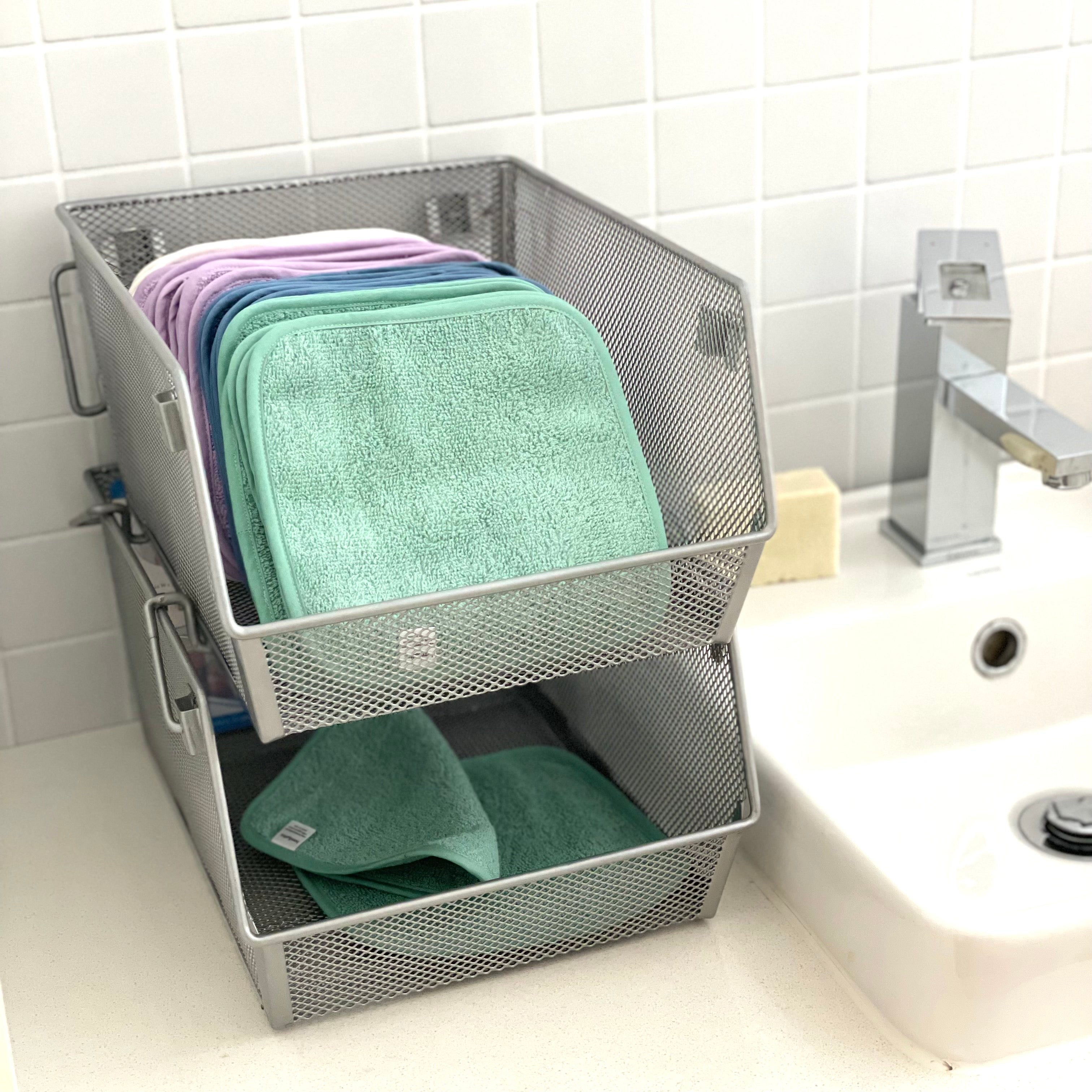 Bathroom hand towel alternative. Use one, pop in bottom basket and wash when full. This eliminates cross contamination caused by using the same hand towel