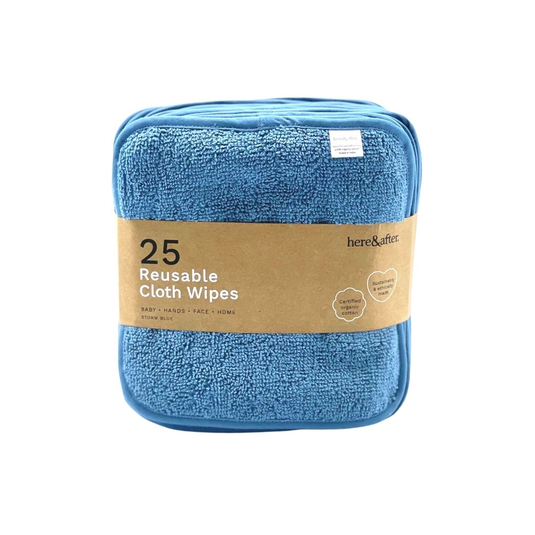 Here&After Reusable Cloth Wipes Storm Blue  25 pack | Cloth Baby Wipes